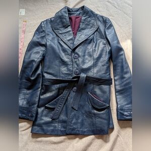 Vintage 1970s Blue Leather Belted Coat Leathercraft USA XS Fully Lined Pockets
